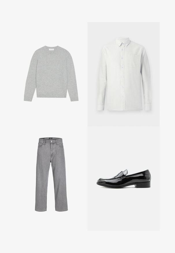 Hellgrauer Wollpullover mit rundem Ausschnitt, langen Ärmeln und gerippten Bündchen und Saum. Weiche Textur mit einem soliden, minimalistischen Design.; Helles, langärmliges Hemd mit vertikalen Streifen, Button-Down-Kragen und einer Brusttasche. Der Stoff wirkt strukturiert mit einer weichen Oberfläche.; Graue Jeanshose mit einem lässigen, lockeren Schnitt. Verfügt über ein traditionelles Fünf-Taschen-Design und einen Knopfverschluss am Bund.; Schwarzer Lackleder-Herrenschuh mit niedrigem Absatz, rundem Zehenbereich und Riemendetail über dem Spann vor weißem Hintergrund.