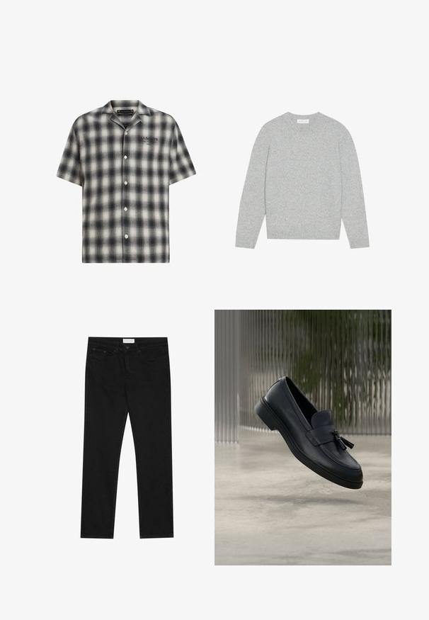 Pull en laine gris clair avec un col rond, des manches longues et des poignets et ourlet côtelés. Texture douce avec un design solide et minimal.; Chemise à manches courtes à carreaux noirs et blancs, avec un devant boutonné. Présente une coupe décontractée, une texture douce et un logo de la marque sur la poitrine.; Jean droit noir avec un design à cinq poches, fermeture à bouton et zip, et une étiquette de marque Pier One sur la taille.; Mocassins en cuir noir avec une texture lisse, un bout arrondi et des pampilles décoratives à l'avant. Semelle en caoutchouc flexible avec un petit talon.