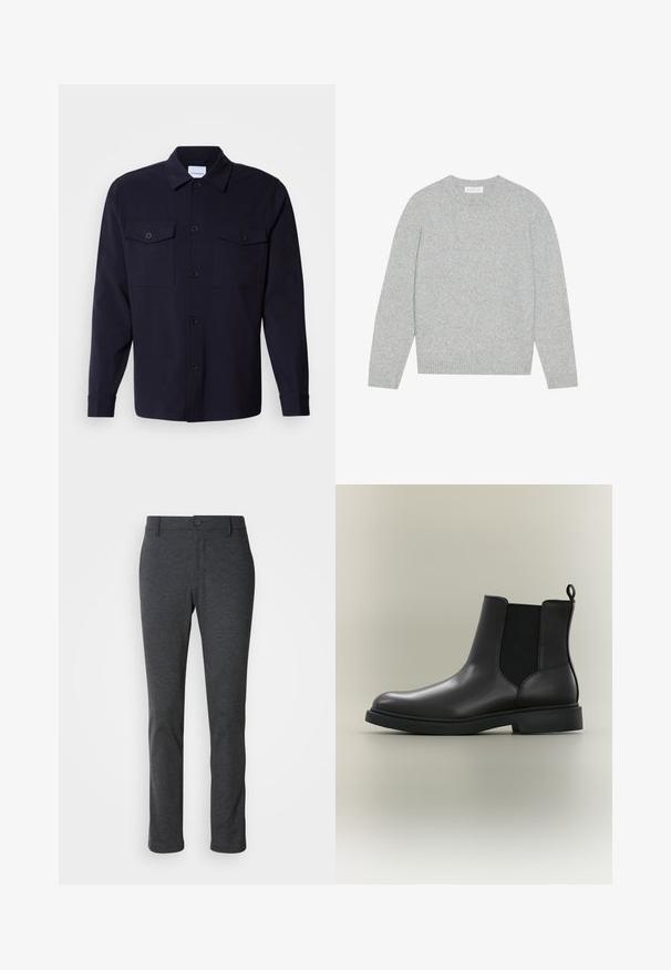 Pull en laine gris clair avec un col rond, des manches longues et des poignets et ourlet côtelés. Texture douce avec un design solide et minimal.; Veste en jean bleu marine faite d'un tissu doux, avec deux poches poitrine, une fermeture à boutons à l'avant et des manches longues avec des poignets à boutons.; Pantalon droit gris foncé avec fermeture à bouton et à zip, passants de ceinture et texture de tissu lisse.; Botte Chelsea en cuir noir avec panneaux latéraux élastiques, languette arrière et semelle en caoutchouc basse et durable, présentée sur un fond neutre.