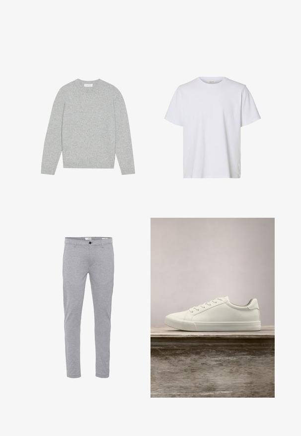 Pull en laine gris clair avec un col rond, des manches longues et des poignets et ourlet côtelés. Texture douce avec un design solide et minimal.; T-shirt blanc uni à manches courtes, col rond, coupe régulière et texture de tissu lisse, présenté sur fond blanc.; Pantalon slim gris clair avec fermeture par bouton et zip à l'avant, poches avant et passants pour ceinture.; Sneaker en dentelle blanche flottant au-dessus d'un banc en bois avec un feuillage vert en arrière-plan, mettant en valeur le design et la texture de la chaussure.