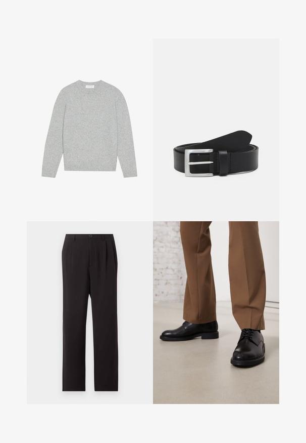 Hellgrauer Wollpullover mit rundem Ausschnitt, langen Ärmeln und gerippten Bündchen und Saum. Weiche Textur mit einem soliden, minimalistischen Design.; Schwarze, hoch taillierte, maßgeschneiderte Hose mit Falten, Knopfverschluss, Gürtelschlaufen und geraden Beinen auf einem schlichten hellen Hintergrund.; Schwarze Lederschuhe mit glatter Oberfläche und runder Zehenpartie, mit Schnürverschluss und einer flachen, niedrigen Sohle. Kombiniert mit braunen Hosen.; Schwarzer Leder Gürtel mit glatter Textur, silberner rechteckiger Schnalle und einer Schlaufe für das Ende. Verfügt über eine saubere Naht entlang der Kanten.