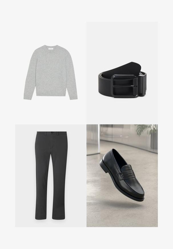Pull en laine gris clair avec un col rond, des manches longues et des poignets et ourlet côtelés. Texture douce avec un design solide et minimal.; Pantalon noir en tissu lisse, avec une coupe droite, fermeture éclair, bouton et passants de ceinture. Style basique et fonctionnel.; Mocassin en cuir noir à texture lisse, bout pointu et bande décorative sur le cou-de-pied. Semelle légère, design minimaliste.; Ceinture en cuir noir avec une boucle en métal noir mat, présentant une surface plate et lisse et une extrémité effilée. Design simple sans embellissements.