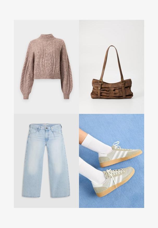 Kabelgebreide cropped trui in een zachte roze tint, met een hoge halslijn en volumineuze mouwen met ribgebreide manchetten en zoom.; Lichtblauwe wijde jeans gemaakt van denim. Kenmerken zijn een rechte snit, een vijfzakkenontwerp en een knoopsluiting aan de taille.; Lichtgrijze suède sneakers met witte rubberaccenten, featuring drie witte strepen en een gumsole, gedragen met witte sokken op een blauwe achtergrond.; Even&Odd by Zalando Handtas - brown