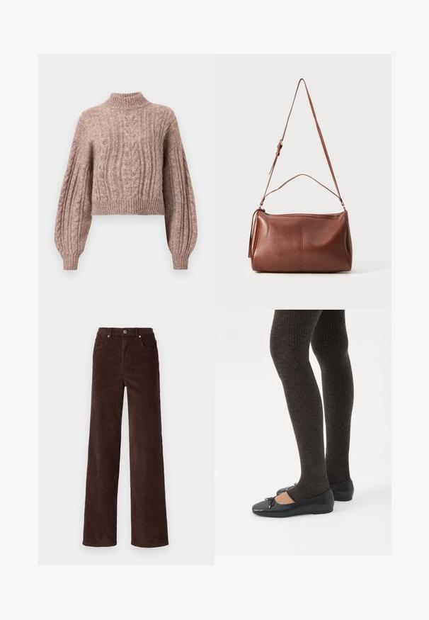 Kabelgebreide cropped trui in een zachte roze tint, met een hoge halslijn en volumineuze mouwen met ribgebreide manchetten en zoom.; Vero Moda VMTESSA WIDE PANTS - Broek - chocolate torte; Benen met donkere geribbelde leggings gecombineerd met zwarte ballerina's met kleine strikdetails op een witte achtergrond.; Bruine leren schoudertas met een zachte textuur, ronde vorm, enkele verstelbare riem en een kwastdetail aan de zijkant.