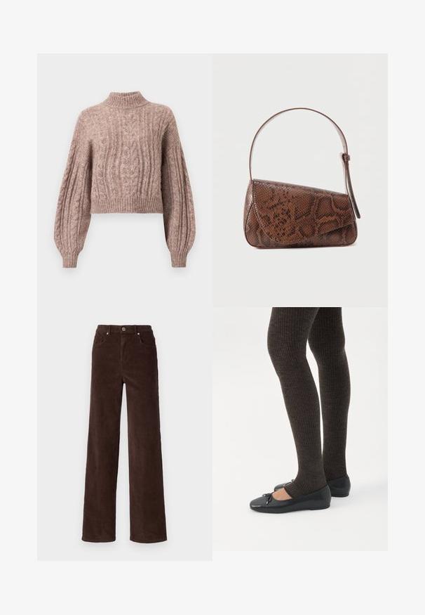 Suéter corto de punto trenzado en suave tono rosa, con un cuello alto y mangas voluminosas con puños y dobladillos acanalados.; Vero Moda VMTESSA WIDE PANTS - Pantalones - chocolate torte; Piernas con leggings oscuros acanalados combinados con bailarinas negras que presentan pequeños detalles de lazo sobre un fondo blanco.; Bolso de hombro de cuero con patrón de piel de serpiente marrón, con cierre de solapa y una única correa ajustable sobre un fondo liso.