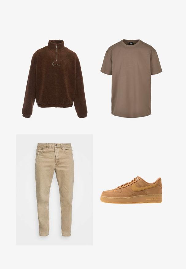Bruine fleece pullover met een hoge kraag, een halve ritssluiting aan de voorkant en lange mouwen. Bevat een wit logo op de borst. Zachte, gestructureerde stof.; Koffiekleurig t-shirt van katoen, met een ronde halslijn, korte mouwen en een relaxte pasvorm met een zachte textuur. Geen patronen of accenten.; Beige denim jeans met een klassieke snit, vijf-pocket ontwerp en subtiele vervaging. Voorzien van een metalen knoop en rits dichtingssysteem.; Nike Sportswear AIR FORCE 1 07 - Sneakers laag - flax/wheat/light brown/black/team gold