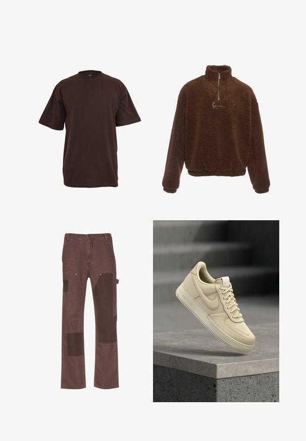 Brauner Fleece-Pullover mit hohem Kragen, halbem Reißverschluss vorne und langen Ärmeln. Mit einem weißen Logo auf der Brust. Weicher, strukturiertes Gewebe.; Braunes Baumwoll-T-Shirt mit kurzen Ärmeln, Rundhalsausschnitt und lockerer Passform. Glatte Textur ohne sichtbare Muster oder Akzente.; Braune Arbeitshosen mit verstärkten Flicken in dunklerem Braun, gerade Passform, fünf Taschen und Knopfverschluss, aus strapazierfähigem Stoff.; Beiger Nike Air Force 1 Sneaker schwebt über einer grauen Betonplatte mit unscharfem Treppenhintergrund.