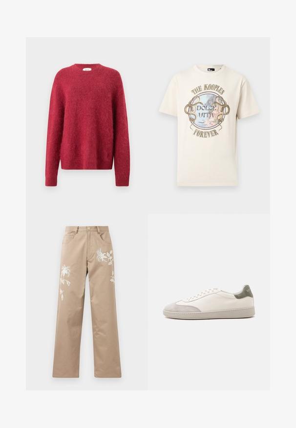 Punainen neulepusero, joka on valmistettu pörröisestä materiaalista. Puseroissa on pyöreä pääntie, pitkät hihat sekä resorit hihansuissa ja helmoissa.; Kerma short-sleeve T-paita pyöreällä pääntiellä, jossa on pyöreä rannikkonäkymä, kaksi käärmettä ja teksti "The Kooples Dolce Vita Forever."; Beiget puuvillahousut suoralla lahkeella, joissa valkoinen kukkainen kirjailu edessä ja tavalliset taskut.; Valkoinen matalavartinen tennari, jossa vaaleanharmaat mokkanahkaiset varpaiden ja kannan yksityiskohdat, valkoiset nauhat ja litteä beige pohja, nähtynä ulkosivulta.