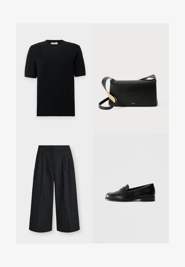 Pull noir à manches courtes avec un col rond côtelé et un ourlet côtelé, confectionné dans un tissu tricoté lisse avec une coupe classique ajustée.; Pantalon court noir à larges jambes avec plis et passants de ceinture, présenté à plat sur un fond clair uni.; Mocassin en cuir noir avec un petit talon et un emblème décoratif en or sur la sangle, présenté sur un fond gris clair uni.; Sac à bandoulière en cuir noir de forme rectangulaire, au design plat, avec une sangle réglable et un détail logo doré sur le devant.