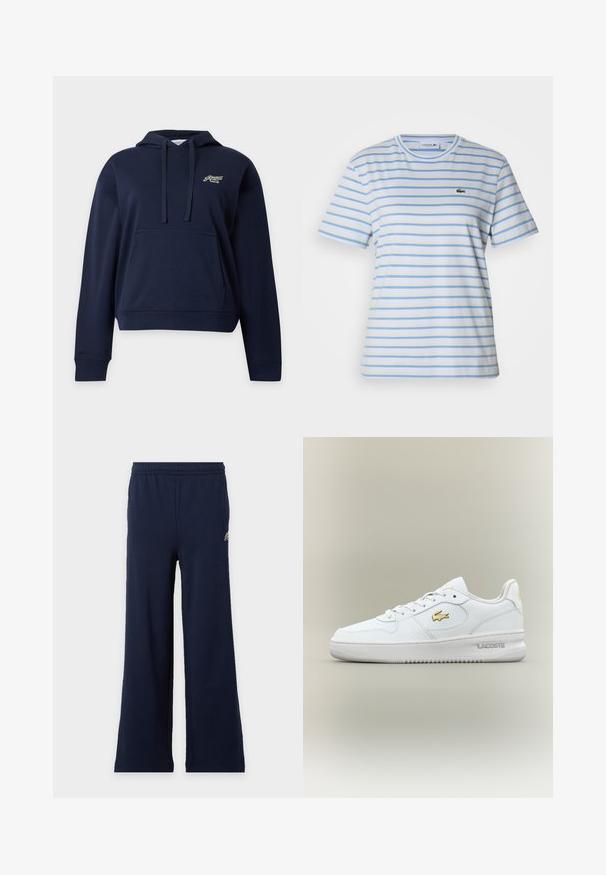 Marineblauwe hoodie met voorzak, trekkoord aan de capuchon en klein geborduurd logo op de linkerborst tegen een effen achtergrond.; T-shirt met korte mouwen in lichtblauw met horizontale strepen in geel en wit. Voorzien van een klein groen logo op de borst. Gemaakt van katoen.; Marineblauwe wijde broek met elastische tailleband en klein logo aan de linkerbovenkant tegen een lichte achtergrond.; Witte lage Lacoste sneaker met gouden logo aan de zijkant, witte veters en rubberen zool tegen een neutrale achtergrond.