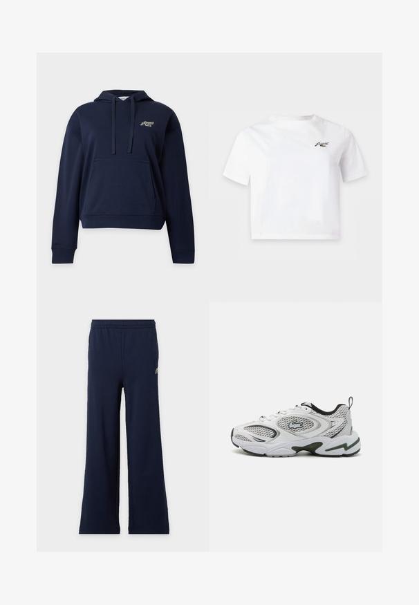 Sudadera con capucha azul marino con bolsillo delantero, capucha con cordón y pequeño logo bordado en el pecho izquierdo sobre un fondo liso.; Camiseta blanca de manga corta y corte cropped con un pequeño logo negro en el pecho izquierdo.; Pantalones azul marino de pierna ancha con cintura elástica y pequeño logo en la parte superior izquierda sobre un fondo claro.; Zapatillas deportivas blancas con paneles de malla, acentos en negro y una suela texturizada. Presentan un diseño elegante y un logotipo prominente en el lateral.