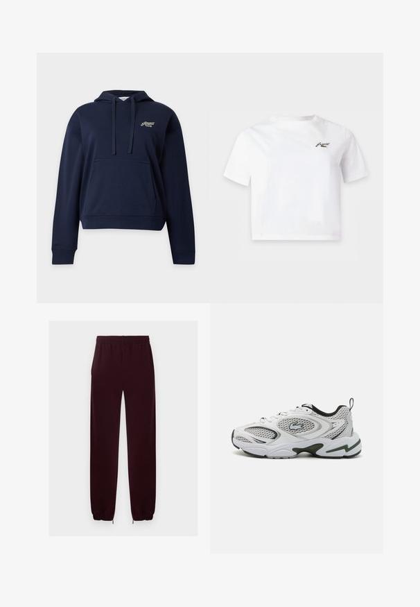 Marineblaue Kapuzenjacke mit Fronttasche, Kordelzug und kleinem besticktem Logo auf der linken Brust vor einfachem Hintergrund.; Weißes kurzärmeliges Cropped-T-Shirt mit kleinem schwarzem Logo auf der linken Brust.; Dunkelrote Jogginghose mit elastischem Bund, elastischen Bündchen und schlanken, konisch zulaufenden Beinen, auf hellem einfarbigem Hintergrund dargestellt.; Weiße Sportschuhe mit Netzpanelen, schwarzen Akzenten und einer strukturierten Sohle. Sie bieten ein schlankes Design und ein auffälliges Logo an der Seite.