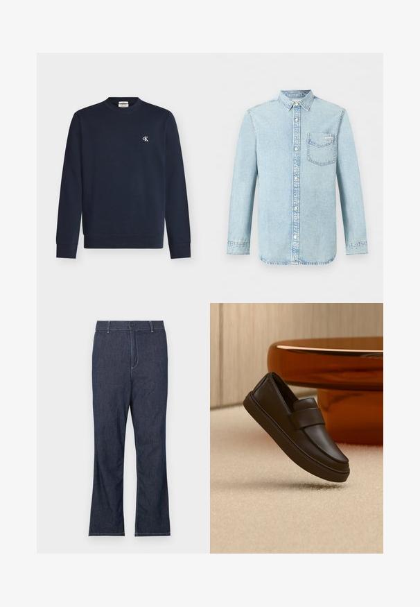 Sweat-shirt bleu marine à manches longues et col rond avec petit logo blanc "cK" sur la poitrine gauche.; Chemise en denim bleu clair à manches longues, fermeture boutonnée devant, une poche poitrine simple avec le logo Calvin Klein, et un col pointu.; Jean en denim bleu foncé avec une coupe droite, doté d'une fermeture par bouton et de surpiqûres blanches contrastantes sur les poches et les coutures.; Une chaussure mocassin en cuir marron foncé flottant au-dessus d'un tapis crème avec une table ronde orange en arrière-plan.