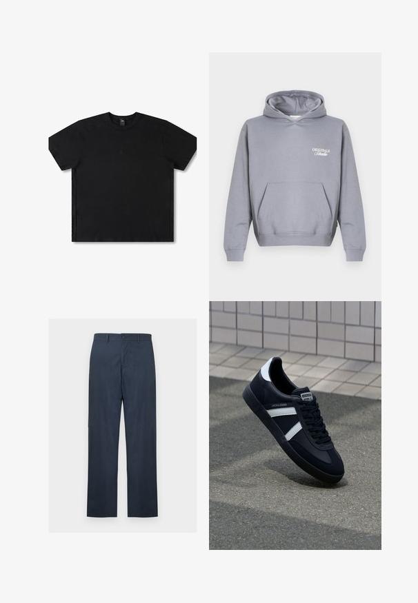 Helehall toonides pullover-tüüpi dressipluus ees kängurutaskuga ja vasakul rinnal tekstilogoga "ORIGINALS Studio".; Must värvi lühikeste varrukatega T-särk, mis on valmistatud puuvillast, ümmarguse kaelusega, keskosas on diskreetne logo ja lõdva lõikega disain.; Sinitiired merev säärega püksid, millel on nööp ja tõmblukk, vööaasad ning küljetaskud, esitatud tavalise valge taustaga.; Must have musta sneaker musta valgete triipudega, tekstuurne kummitald ja nööridega esiosa. Omab bränditud märki keele peal.
