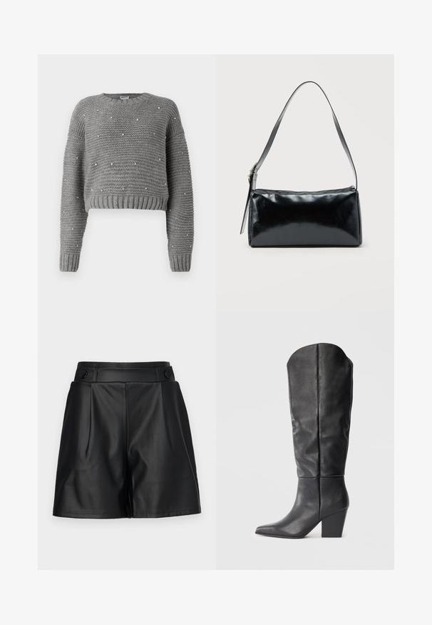Noisy May NMSANNE O NECK DIAMANTÉ - Pullover - dark grey melange; Shorts en simili cuir noir avec un devant plissé, des jambes larges et des détails en boutons sur la taille. Texture lisse, design soigné.; Bottes noires en cuir, montant jusqu'au genou, avec un bout pointu et un talon épais. Le design présente une texture lisse et des lignes minimalistes.; Sac d'épaule rectangulaire noir avec une sangle réglable unique et une fermeture éclair supérieure sur un fond uni.