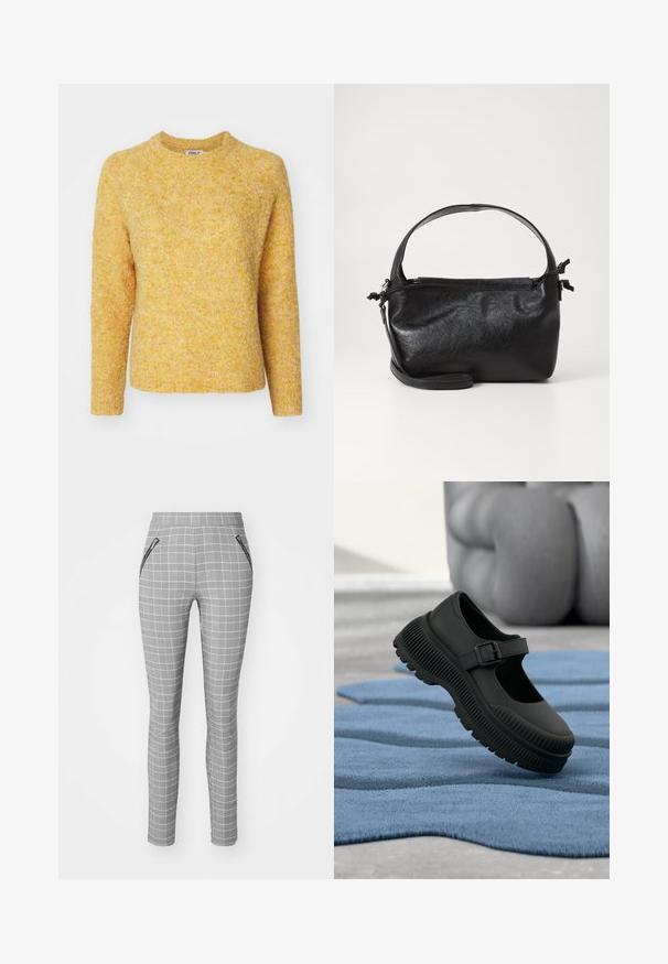 Pull en maille jaune avec une finition texturée, col rond et manches longues. Présente une coupe décontractée et des variations tonales subtiles.; Pantalons à carreaux gris avec une coupe slim, dotés d'une taille haute et de poches latérales zippées. Le tissu a une texture lisse et un motif détaillé.; Chaussure noire style Mary Jane avec semelle épaisse nervurée et bride à boucle, reposant sur un tapis bleu texturé avec arrière-plan flou.; Sac à main en cuir noir au design structuré, avec une poignée arrondie et une bandoulière amovible. Présente une texture lisse et un éclat subtil.