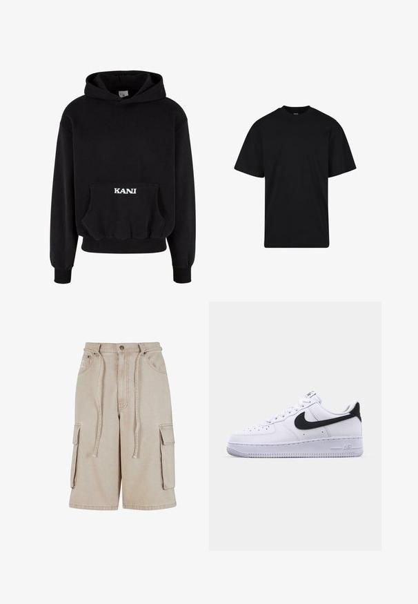 Sudadera con capucha negra hecha de una mezcla de algodón, con un bolsillo frontal y letras blancas "KANI" en el bolsillo. Puños y dobladillo acanalados.; Camiseta negra de manga corta con cuello redondo, corte holgado, diseño liso y sin logotipos ni patrones visibles.; Pantalones cortos cargo beige de algodón con cintura con cordón, dos bolsillos laterales y un bolsillo lateral adicional, que presentan detalles de costura visibles.; Zapatilla blanca de cuero con un Swoosh negro texturizado, cordones planos y una suela de goma con un patrón estriado. "AIR" está grabado en el talón.