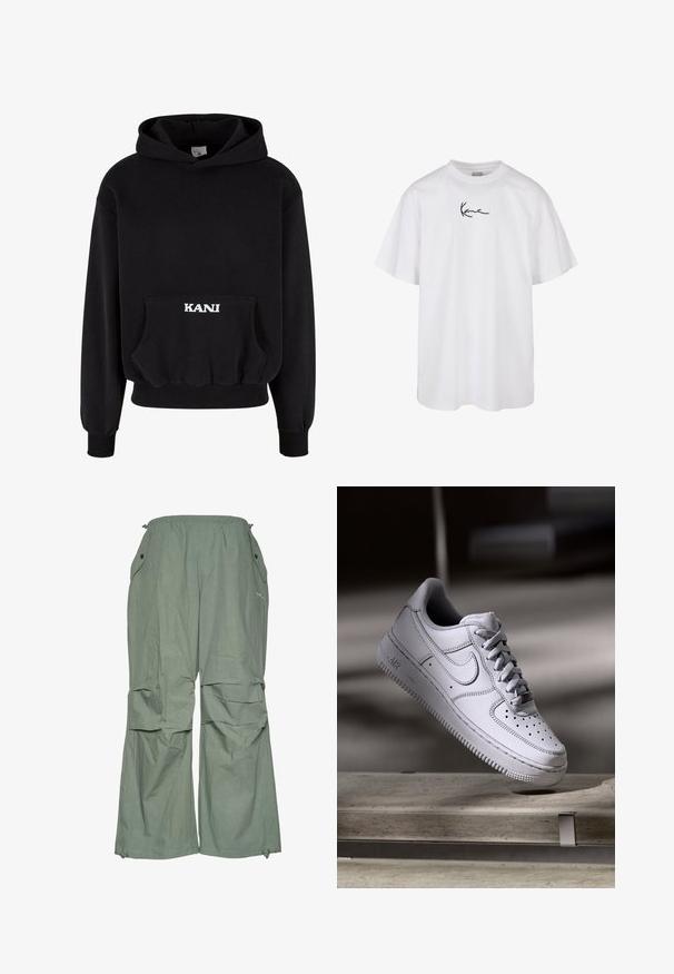Sort hætte sweatshirt lavet af bomuldsblanding, med en frontlomme og hvid skrift "KANI" på lommen. Ribbet kant og manchetter.; Hvid bomuld t-shirt med rund hals og korte ærmer, med et sort broderet logo centreret på brystet.; Lys grønne, løstsiddende cargo-bukser med snoretræk i taljen, sidelommer og brede ben. Fremstillet af letvægtsstof med en rynket tekstur.; Hvid læder Nike Air Force 1 sneaker med perforeret tå, flade snørebånd og tekstureret gummisål med "AIR" branding på siden.
