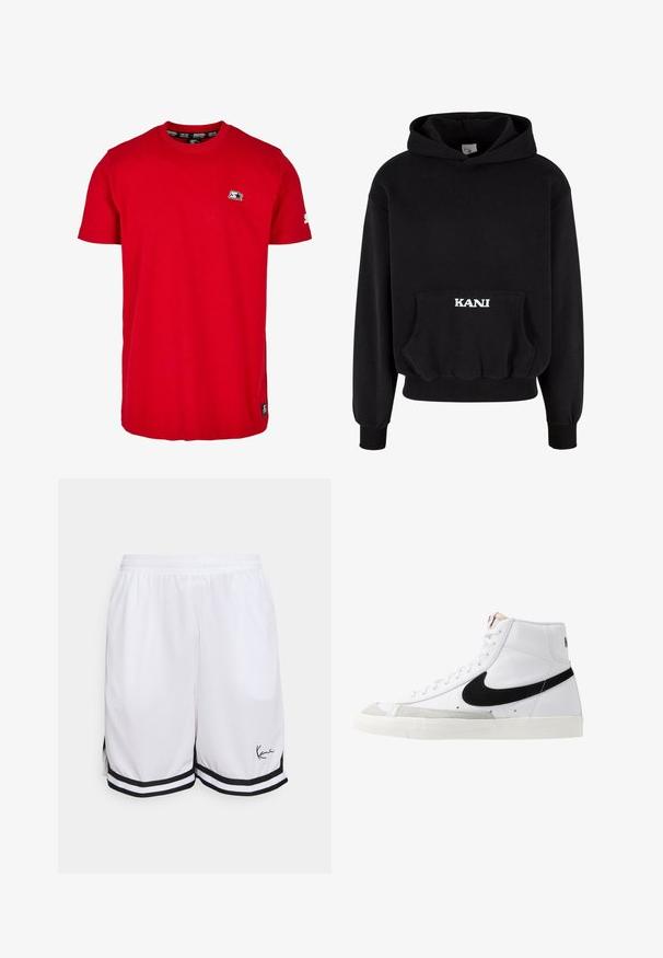 Sudadera con capucha negra hecha de una mezcla de algodón, con un bolsillo frontal y letras blancas "KANI" en el bolsillo. Puños y dobladillo acanalados.; Camisa de algodón roja con cuello redondo, mangas cortas y un pequeño logo negro en el lado izquierdo del pecho y en la manga. Tejido de color sólido y suave.; Bermudas deportivas blancas hechas de un tejido ligero, con un dobladillo a rayas negras y un logotipo distintivo en la parte inferior izquierda delantera.; Zapatillas altas blancas con un swoosh negro, una puntera texturizada en gris y suela plana blanca. Presenta seis ojales y acentos cosidos.