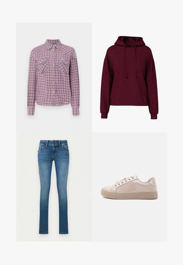 Burgunderfarbene Langarm-Hoodie mit vorderen Kordeln, gerippten Bündchen und lockerer Passform.; Lila- und rosa kariertes Hemd mit Knöpfen, einem Kragen, zwei Brusttaschen und langen Ärmeln. Hergestellt aus Stoff mit einem karierten Muster.; Blaue Skinny-Jeans mit mittlerer Taillenhöhe, zwei vorderen Taschen und doppelter Knopfverschluss, mit dezenten, verwaschenen Details an den Oberschenkeln.; Glänzender beigefarbener Low-Top-Sneaker mit Schnürsenkeln, goldenen Ösen und dicker Gummisohle, seitlich auf weißem Hintergrund gezeigt.