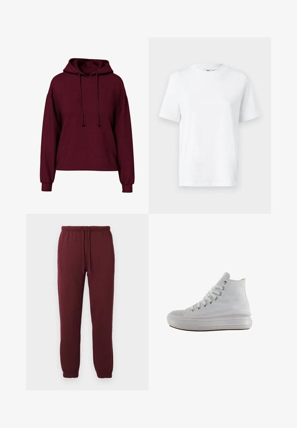 Bordeaux lange mouwen hoodie met voorste trekkoorden, geribde manchetten en een losse pasvorm.; Witte katoenen T-shirt met ronde hals, korte mouwen en een gladde textuur. Ontworpen met een comfortabele en veelzijdige relaxte pasvorm.; Bordeaux joggerbroeken met elastische tailleband, trekkoord, zijzakken en elastische boorden op een effen witte achtergrond.; Witte hoge canvas sneaker met witte veters, metalen oogjes, dikke rubberen zool en gestructureerde neuskap, naar links gericht op een witte achtergrond.