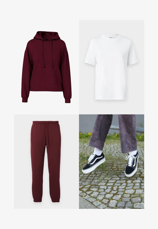Haut à capuche bordeaux à manches longues avec cordons de serrage à l'avant, poignets côtelés et coupe ample.; T-shirt en coton blanc à col rond, avec des manches courtes et une texture lisse. Conçu avec une coupe décontractée pour plus de confort et de polyvalence.; Pantalons de jogging bourgogne avec taille élastique, cordon de serrage, poches latérales et poignets élastiques sur un fond blanc uni.; Baskets en suède noir avec des accents blancs, présentant un bout rond, une semelle blanche épaisse et un design classique à lacets, portées avec des chaussettes blanches et un pantalon violet.
