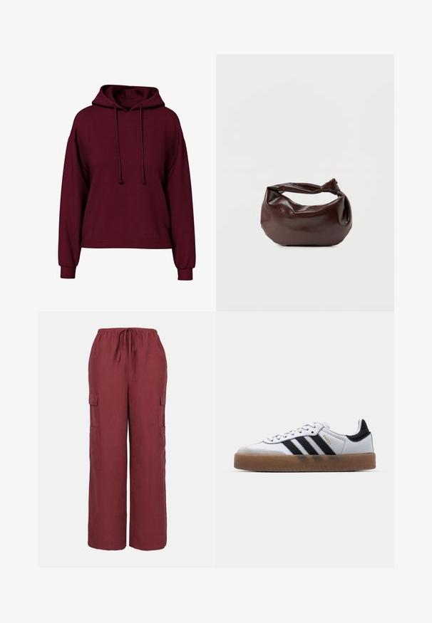 Sudadera burdeos de manga larga con cordones en el frente, puños acanalados y un corte holgado.; Pantalones cargo burdeos de tela ligera con cintura ajustable, piernas anchas y dos bolsillos cargo laterales.; Zapatillas de cuero blancas con rayas negras, suela de goma, puntera redonda, cierre de cordones y caperuza de ante gris suave.; Bolso de hombro de cuero marrón oscuro con una forma suave y caída, y un asa con nudo torcido sobre un fondo blanco liso.