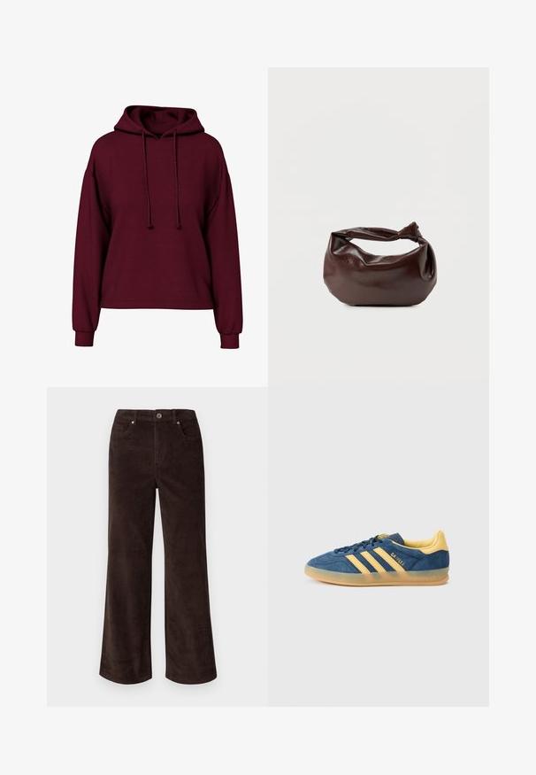 Bordeaux lange mouwen hoodie met voorste trekkoorden, geribde manchetten en een losse pasvorm.; Vero Moda Petite VMTESSA PANTS - Broek - chocolate torte; Blauwe suède sneaker met gele accenten, voorzien van drie gele strepen, een gestructureerde tong en een doorschijnende gumzool. Merknaam "Gazelle" is zichtbaar.; Donkerbruine leren schoudertas met een zachte, slungelige vorm en een gedraaide knoopvormige handgreep op een effen witte achtergrond.