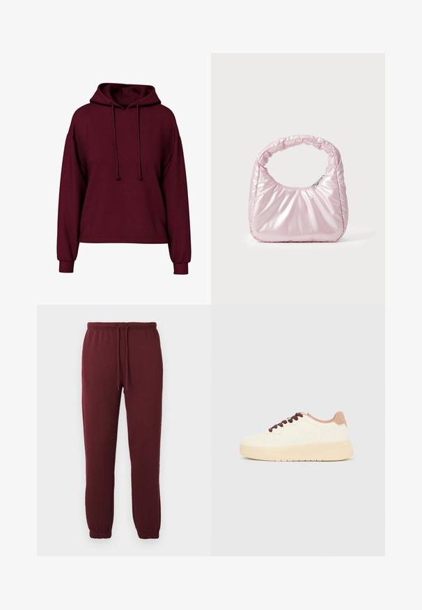 Bordeaux lange mouwen hoodie met voorste trekkoorden, geribde manchetten en een losse pasvorm.; Bordeaux joggerbroeken met elastische tailleband, trekkoord, zijzakken en elastische boorden op een effen witte achtergrond.; Beige lage sneaker met dikke zool, geperforeerde neus, roze hielkraag en donkerbruine veters op een effen lichtgrijze achtergrond.; Roze, gevoerde handtas met een afgeronde vorm, gemaakt van glanzend materiaal. Beschikt over een geplooide handgreep en een ritssluiting voor veilige toegang.