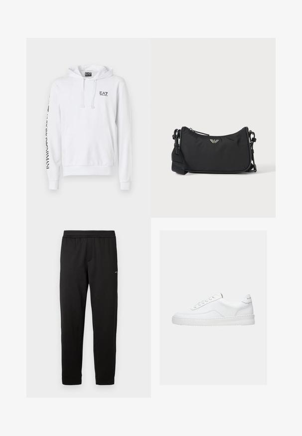 Haut à capuche blanc avec une poche frontale, un cordon de serrage pour la capuche et un logo EA7 noir sur la poitrine. Texte avec motif le long de la manche gauche. Matière en mélange de coton.; Pantalon de sport noir en tissu doux. Taille élastique et poignets élastiques. Présente un petit logo sur le côté. Coupe droite.; Baskets basses blanches avec un design à lacets, dessus en cuir lisse et semelle épaisse, montrées de profil sur un fond uni.; Sac bandoulière rectangulaire noir avec emblème du logo de la marque argenté et sangle réglable sur fond clair.