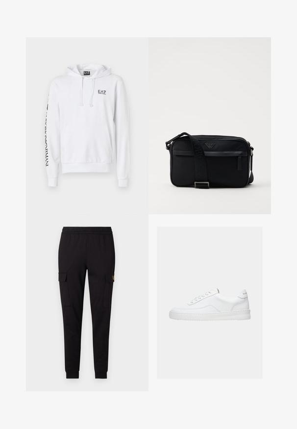 Haut à capuche blanc avec une poche frontale, un cordon de serrage pour la capuche et un logo EA7 noir sur la poitrine. Texte avec motif le long de la manche gauche. Matière en mélange de coton.; Pantalons de jogging noirs en tissu doux, présentant une coupe fuselée et deux poches cargo latérales avec un logo discret sur une poche.; Baskets basses blanches avec un design à lacets, dessus en cuir lisse et semelle épaisse, montrées de profil sur un fond uni.; Sac à bandoulière en nylon noir avec une sangle contrastante, une forme rectangulaire élégante, un détail de logo et une poche zippée à l'avant.