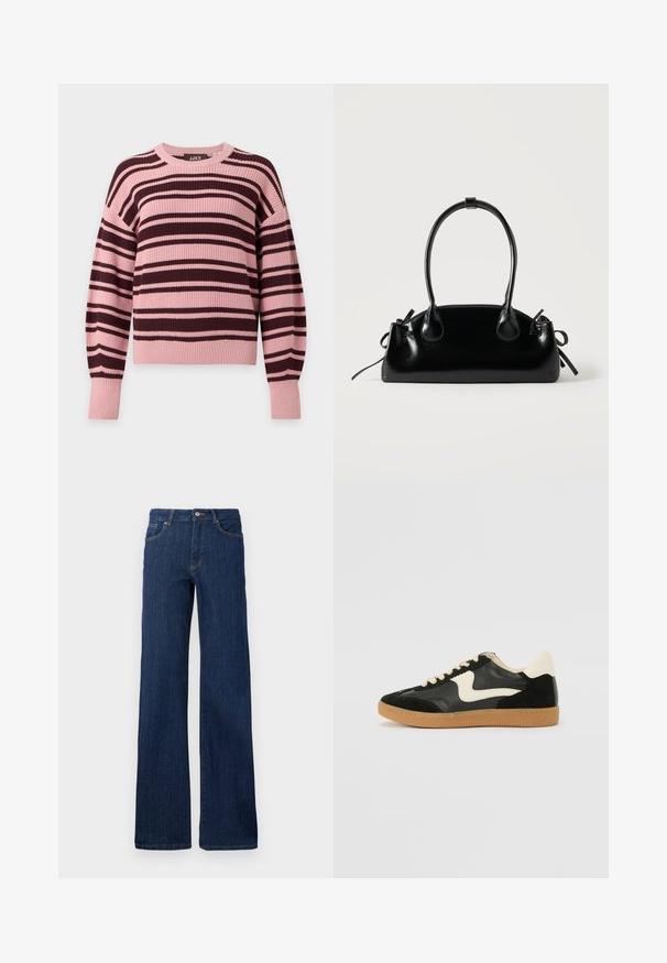 Gebreide trui met lange mouwen met horizontale roze en donkerbruine strepen en geribde boorden en zoom.; Donkerblauwe denim jeans met een rechte snit, vijf zakken, knoop- en ritsluiting, en minimale stikdetails. Gladde textuur.; Zwarte suède en leren sneaker met een crèmekleurige zij-swoosh en lichte crèmekleurige hiel. Voorzien van beige veters en een gumrubberen zool.; Kleine zwarte glanzende handtas met twee lange hengsels en zijkant trekkoord details op een effen lichte achtergrond.