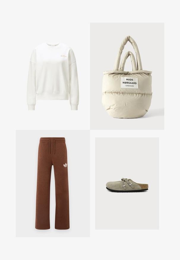 Hvid crewneck sweatshirt med lange ærmer og ribbede manchetter, med lille kursiv "Bellini"-tekst på øverste venstre bryst.; Brune sweatpants i blødt stof med en afslappet pasform, der har en elastisk talje, snørre og et hvidt logo på venstre lår.; Lysebeige ruskind slip-on træsko med to justerbare sølvspænder og en korkfodsål med sort sål.; Beige polstret shopper med to sæt håndtag og en hvid label med teksten "MADS NØRGAARD COPENHAGEN" foran.