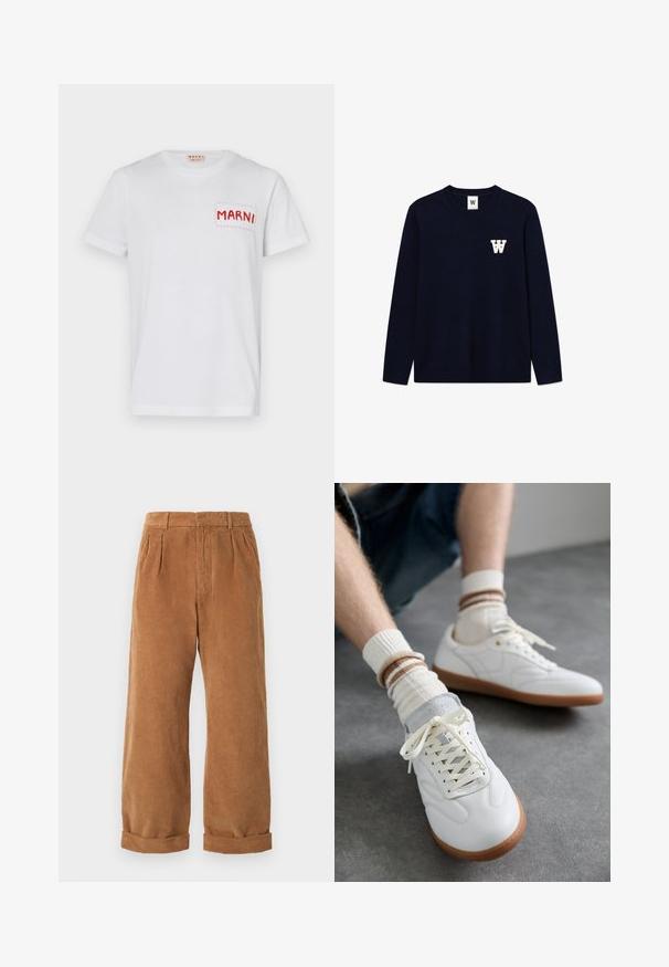 Marineblaues Strickpullover mit Rundhalsausschnitt. Mit einem weißen "W"-Logo auf der linken Brust. Lange Ärmel mit gerippten Bündchen und Saum.; Weißes Baumwoll-T-Shirt mit einer rot gestickten Tasche mit "MARNI" auf der linken Brust und kurzen Ärmeln. Glatte Textur, klassischer Rundhalsausschnitt.; Braune Cordhosen mit einem weit geschnittenen Design, ausgestattet mit vorderen Falten und aufgerollten Säumen. Der Stoff hat ein strukturiertes, geripptes Aussehen.; Weiße Ledersneaker mit glatter Textur, grauen Wildlederelementen, beigen Gummisohlen und flachen Schnürsenkeln. Kombiniert mit cremefarbenen und braun gestreiften Socken.