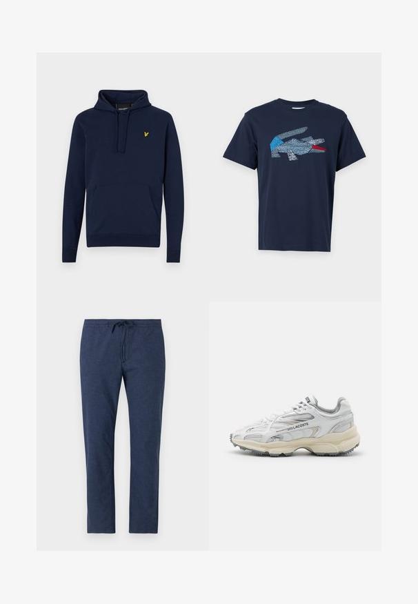 Tumedat sinise värviga kapuutsiga sviitrid, reguleeritava nööriga, ees kangaroo tasku ning kollane tikand logo rinnal. Pehme puuvilla segu materjal.; Lacoste Trükipildiga T-särk - dark blue; Tumedate sinised püksid, mis on valmistatud kergest kangast, omavad elastset vöökohta koos paelaga ja sirge sääre disaini.; Valged spordijalatsid hallide aktsentidega, suvijõud, nailon ja sünteetiline ülemine osa, nöörimise disain ning tekstuuriga kummist tald, millel on haardemustrid.