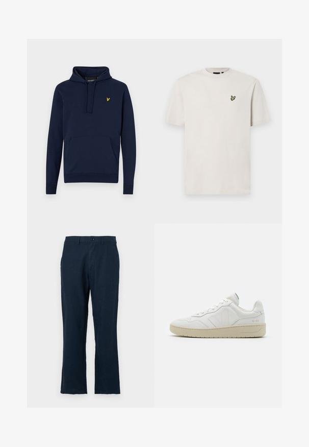 Sweat-shirt bleu marine avec cordon de serrage réglable, poche kangourou avant et logo brodé jaune sur la poitrine. Matière en coton mélangé douce.; T-shirt en coton beige clair à col rond et manches courtes, arborant un petit logo d'oiseau brodé sur la poitrine gauche.; Pantalons en lin bleu marine au cut droit, avec fermeture à bouton et poches standard. Le tissu a une texture lisse et un minimum de détails.; Baskets en cuir blanc avec une finition texturée et un col rembourré. Elles sont dotées d'une semelle en caoutchouc beige et d'une discrète branding sur le talon et le côté.