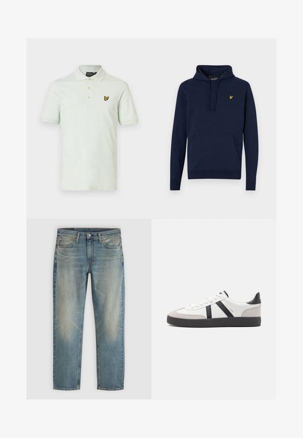 Sweat-shirt bleu marine avec cordon de serrage réglable, poche kangourou avant et logo brodé jaune sur la poitrine. Matière en coton mélangé douce.; Polo vert clair en coton, avec une patte de boutonnage à trois boutons et un logo papillon jaune brodé sur la poitrine gauche.; Jean en denim bleu délavé avec bouton et fermeture éclair à l'avant, cinq poches et coupe droite sur un fond neutre.; Baskets blanches avec des accents noirs et gris, présentant un embout texturé gris, une semelle en caoutchouc noir et des lacets plats blancs. Design épuré, style minimaliste.