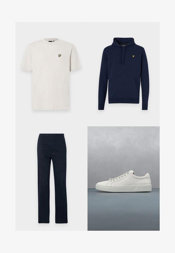 Sweat-shirt bleu marine avec cordon de serrage réglable, poche kangourou avant et logo brodé jaune sur la poitrine. Matière en coton mélangé douce.; T-shirt en coton beige clair à col rond et manches courtes, arborant un petit logo d'oiseau brodé sur la poitrine gauche.; Pantalons bleu marine en coton, avec une coupe droite, fermeture à bouton à l'avant, et sans motifs ni accents visibles.; Baskets en cuir blanc avec un bout arrondi, design minimaliste, lacets gris et semelle en caoutchouc gris texturé. Détails de couture subtils visibles.