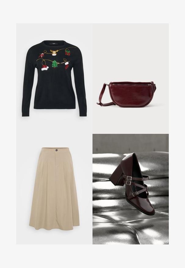 Sort strikket sweater med et festligt design prydet med multifarvede pailletter, herunder gaver, et træ og julestrømper.; Beige plisseret nederdel lavet af blødt stof, med en tætsiddende talje med knaplukning og en svævende A-formet silhuet.; Blank, mørk bordeaux Mary Jane-sko med tre remme og sølvspænder svæver over en sølvmetallic polstret overflade.; Vinrød læderhåndtaske med halvmåneform, lynlås og aftagelig rem. Glat tekstur med en subtil glans.