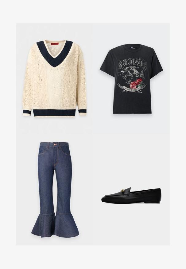 Jersey de punto crema con patrón de encaje abierto, escote en V profundo con ribete de canalé azul marino y puños y bajo de canalé azul marino.; Camiseta negra con texto "KOOPLES", ilustración de pantera rugiente, flores rojas y diseño de pancarta "WILD TOUR" en el frente.; Jeans de mezclilla azul oscuro de pierna acampanada con un dobladillo con volantes, cinco bolsillos y costuras de contraste en color naranja. Cintura de altura media con cierre de botón en el frente.; Mocasín de cuero negro sin cordones con tacón bajo y detalle de hebilla metálica en tono dorado en la parte superior.