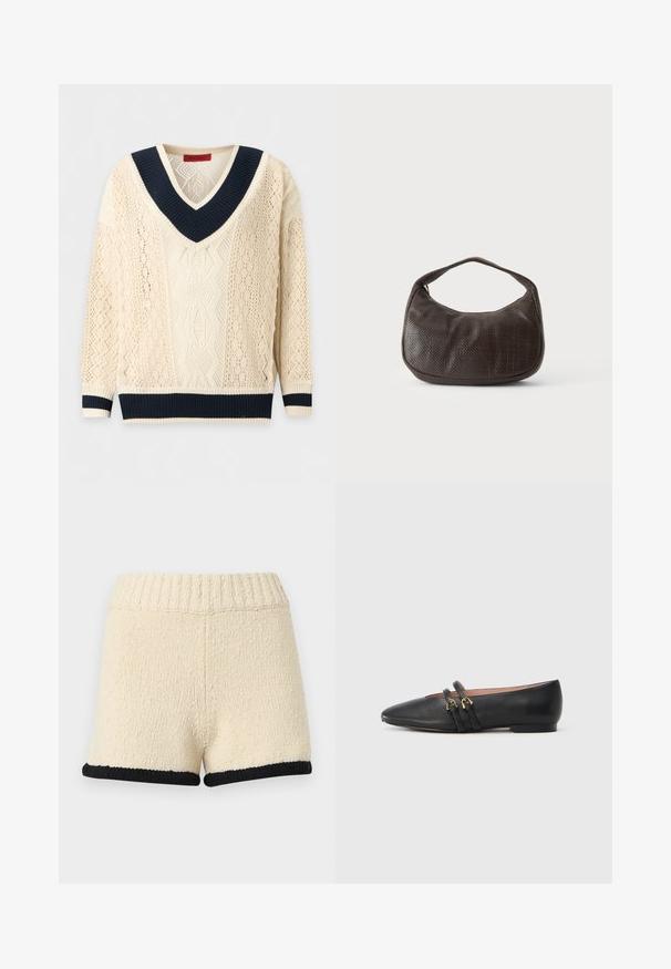 Pull en maille crème avec motif dentelle ouvert, col en V profond avec bordure côtelée bleu marine, et poignets et ourlet côtelés bleu marine.; Shorts en tricot couleur crème avec taille côtelée et bordure noire à l'ourlet, présentés sur un fond clair uni.; Chaussures plates en cuir noir avec un bout pointu, dotées de deux brides noires avec des accents en métal doré. Texture lisse et talon bas.; Petit sac à main marron foncé texturé avec une courte bandoulière et un fond arrondi sur un fond clair uni.