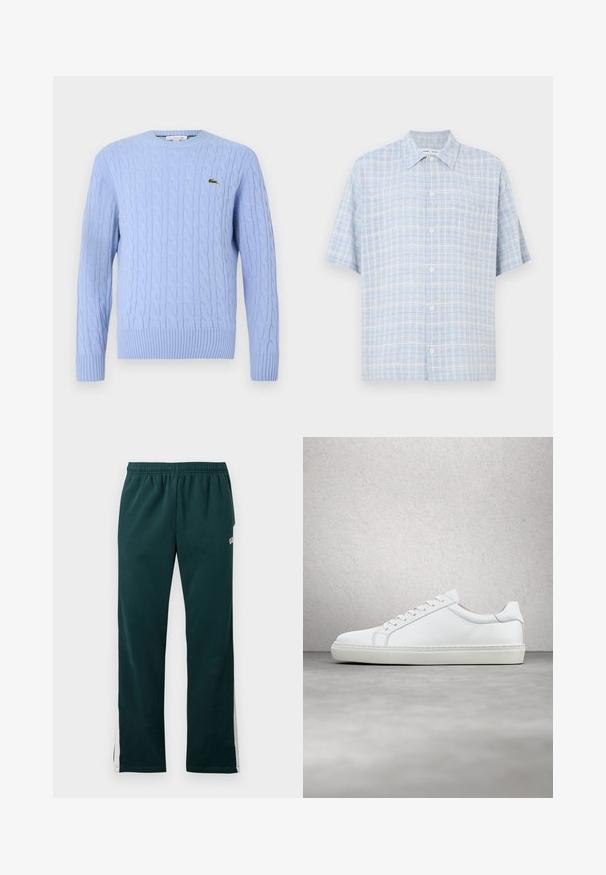 Lyseblå kabelstrikket sweater med rund halsudskæring, ribbede manchetter og kant. Har et lille grønt logo på venstre bryst.; Lyseblå og hvide ternet kortærmet skjorte med knapper, frontlomme og klassisk krave.; Mørkegrønne sweatpants med elastisk hænger og hvide striber, der løber ned ad ydersiden af benene.; Hvide sneakers med en glat læderoverdel og lav profil. Har en rund tå, seks snørehuller og en tekstureret gummisål.