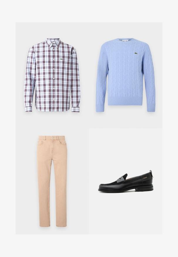 Suéter de punto trenzado de color azul claro con cuello redondo, puños acanalados y dobladillo. Presenta un pequeño logo verde en el lado izquierdo del pecho.; Camisa de manga larga de botón con un estampado de cuadros en rojo, azul y blanco, hecha de una tela ligera, con un pequeño logotipo verde en el pecho.; Jeans rectos beige confeccionados en tejido de mezcla de algodón, con cremallera, trabillas para el cinturón y bolsillos frontales y traseros. Textura suave.; Mocasín de cuero negro con detalle de tira gris, tacón bajo y suela texturizada, con la marca "HUGO" en oro en el lateral.