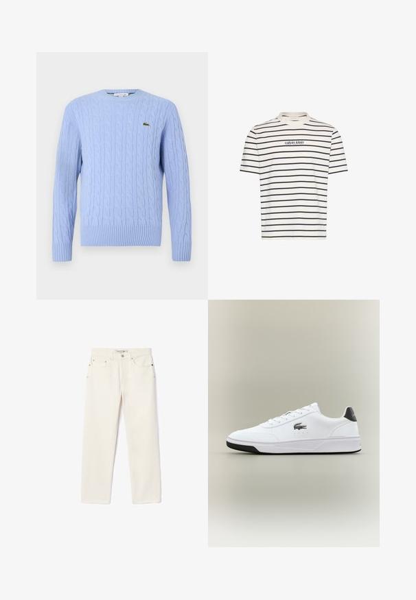 Lichtblauwe kabelbreisweater met een ronde hals, geribbelde manchetten en onderboord. Bevat een klein groen logo op de linkerborst.; Witte T-shirt met korte mouwen met zwarte horizontale strepen en het "calvin klein" logo in het midden van de borst.; Crème-kleurige denim jeans met een rechte pijp, voorzien van twee voorzakken, een knoopsluiting en subtiele branding nabij de tailleband.; Witte synthetische sneakers met een gladde textuur, een ronde neus, zwarte accenten op de hak en een Lacoste-logo aan de zijkant.