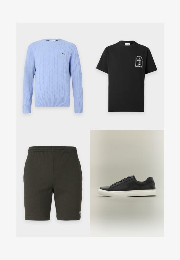 Lichtblauwe kabelbreisweater met een ronde hals, geribbelde manchetten en onderboord. Bevat een klein groen logo op de linkerborst.; Zwart Lacoste T-shirt met korte mouwen en een witte afbeelding en tekst "The legend of French elegance continues" op de linkerborst.; Donkergroene, elastische shorts met een zachte stof. Heeft een rechte snit, omgezoomde pijpen en een klein logo aan de rechter onderkant.; Zwarte lage sneaker met witte rubberen zool en zwarte veters, zijaanzicht tegen een neutrale achtergrond.