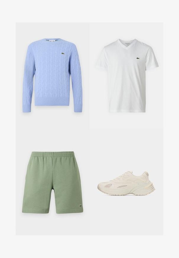 Lichtblauwe kabelbreisweater met een ronde hals, geribbelde manchetten en onderboord. Bevat een klein groen logo op de linkerborst.; Witte katoenen t-shirt met een V-hals, korte mouwen en een klein groen krokodillenlogo op de linkerkant van de borst. Eenvoudig en lichtgewicht ontwerp.; Groene katoenen shorts met een elastische tailleband, ontspannen pasvorm en een klein geborduurd logo aan de onderkant aan de linkerzijde. Gladde textuur, geen zakken.; Crèmekleurige sportschoen met gelaagde leren en mesh panelen, dikke zool met textuurprofiel en vetersluiting.
