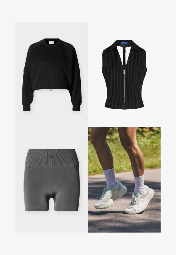 Zwart cropped sweatshirt met lange mouwen, ronde hals, subtiele diagonale naaddetails en verstelbaar trekkoord aan de zoom.; Zwarte mouwloze top met krijtstreep, zilveren rits aan de voorkant, brede kraag en Karl Lagerfeld merkbandje binnenin de halslijn.; Donkergrijze naadloze geribbelde biker shorts met hoge taille en een klein ingebosseleerd logo op de tailleband, afgebeeld op een witte achtergrond.; Licht mintgroene sportschoenen met een gladde textuur, ronde neus en een dikke zool. Gecombineerd met witte enkelsokken, alhoewel ze in beweging zijn op een pad.