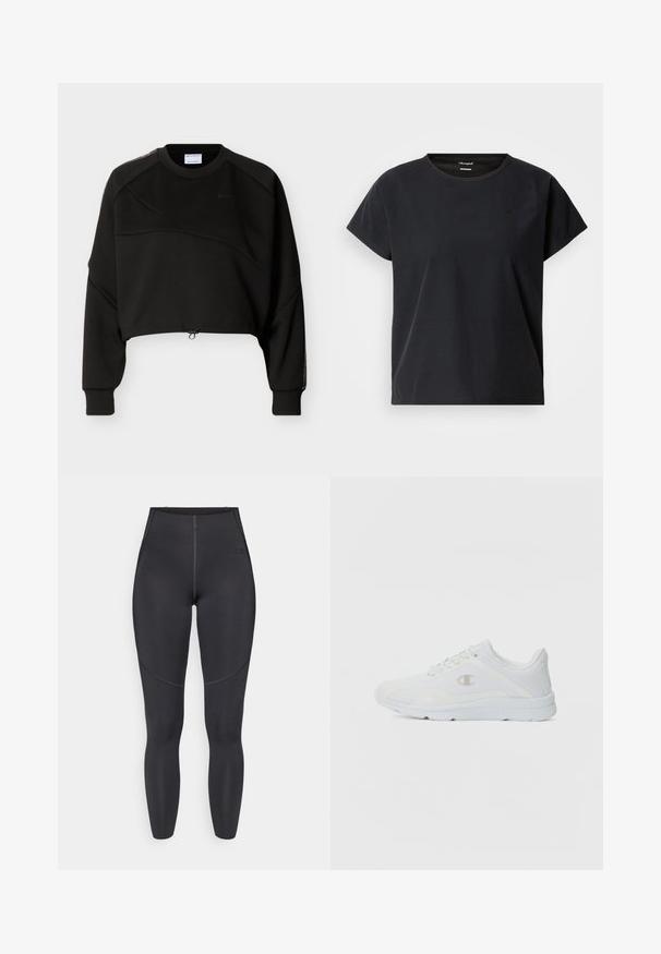 Zwart cropped sweatshirt met lange mouwen, ronde hals, subtiele diagonale naaddetails en verstelbaar trekkoord aan de zoom.; Zwart sport-T-shirt met korte mouwen en ronde hals, gemaakt van getextureerde stof, met een subtiel logo aan de voorkant.; Zwarte leggings met hoge taille, gemaakt van rekbare stof, voorzien van flatlock naden en een aansluitend ontwerp, ideaal voor sportkleding.; Witte sportieve schoenen met een gestructureerde mesh bovenkant, gevoerde kraag en een contrasterend logo aan de zijkant. Beschikt over een lichtgewicht rubberen zool.