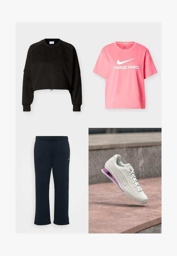 Zwart cropped sweatshirt met lange mouwen, ronde hals, subtiele diagonale naaddetails en verstelbaar trekkoord aan de zoom.; Roze Nike Pro T-shirt met korte mouwen, gemaakt van gladde stof. Voorzien van een wit logo op de voorkant en een ronde halslijn. Normale pasvorm.; Zwarte sweatpants met een elastische tailleband en verstelbaar trekkoord. Heeft een klein wit Nike-logo aan de linkerkant. Zachte textuur van de stof.; Witte sportschoen met een gestructureerd bovenwerk, roze accenten en een zichtbaar paars dempingsgedeelte in de zool. De veters zijn wit; het logo is grijs.