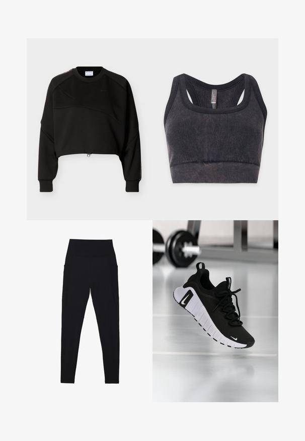 Sweat-shirt noir court avec manches longues, col rond, détails discrets avec coutures diagonales, et cordon de serrage ajustable à l'ourlet.; Brassière de sport noire en tissu côtelé avec larges bretelles et dos nageur, présentée à plat sur un fond clair.; Leggings noirs avec une taille haute côtelée, un design sans coutures, des poches latérales et une texture lisse sur toute la surface.; Chaussure de sport noire avec une tige en tissu texturé, une semelle blanche et un système de laçage prononcé. Présente un logo Nike et un design doux et rembourré.